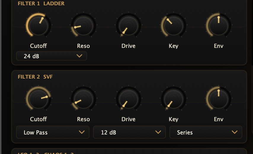 The dual filter section — Ladder and State-Variable filters.