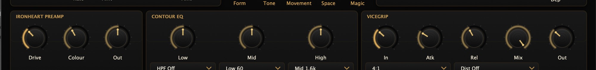 The Ironheart preamp, Contour EQ and Vicegrip compressor row.