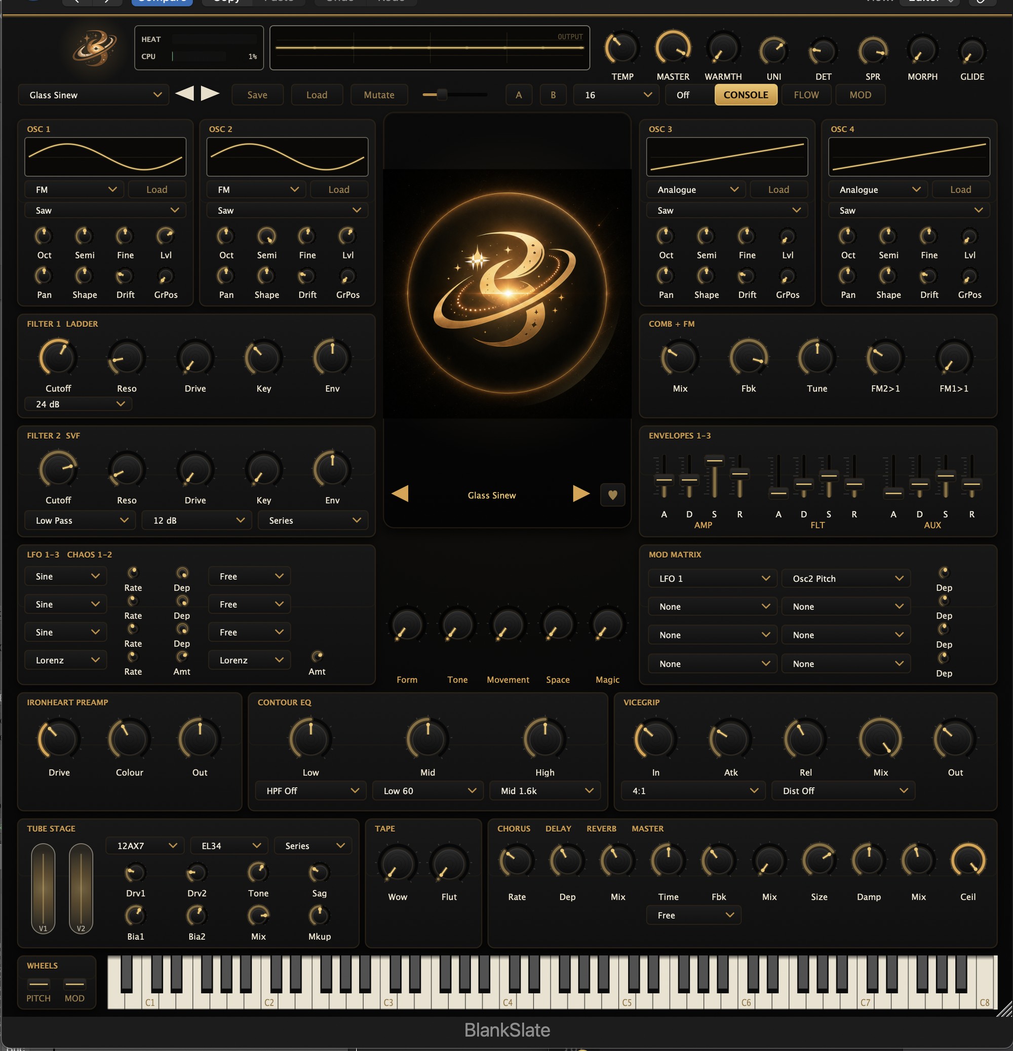 The BlankSlate console — the full front panel showing oscillators, filters, modulation, and the built-in outboard chain.